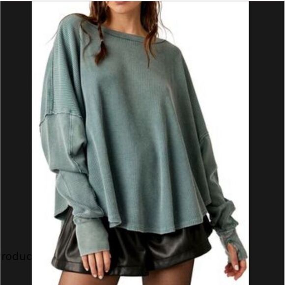 Free People We the Free Microphone Drop Casual Thermal Top Size Small Blue Green - Picture 1 of 8